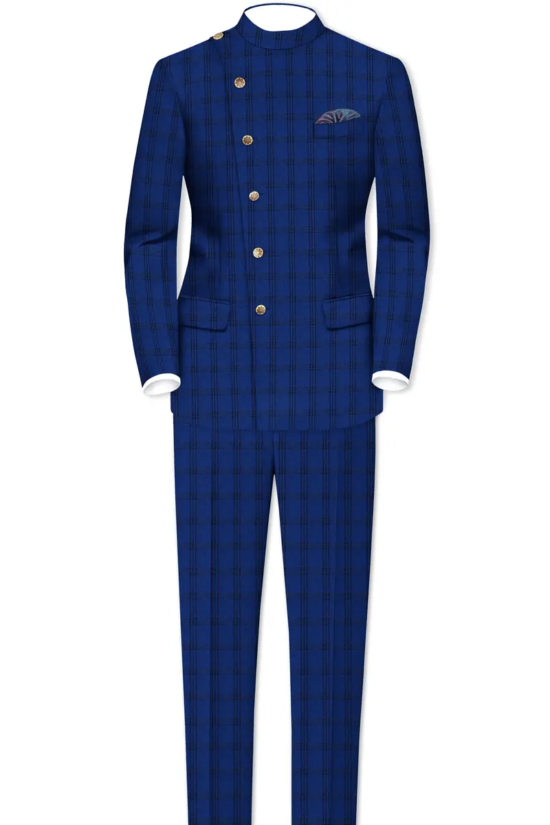 Cloud Burst Blue With Black Plaid Cross Placket Bandhgala Suit 4