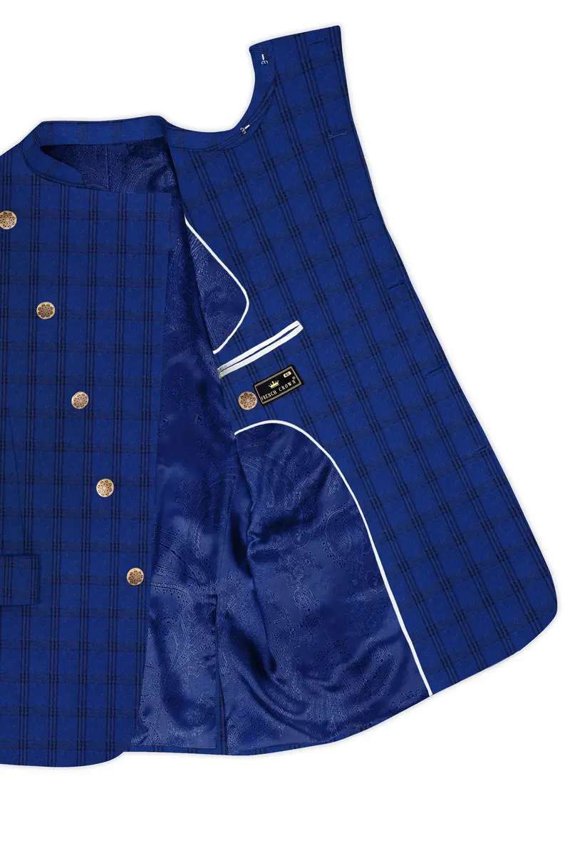 Cloud Burst Blue With Black Plaid Cross Placket Bandhgala Suit 5