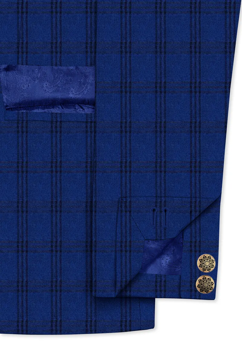 Cloud Burst Blue With Black Plaid Cross Placket Bandhgala Suit 6