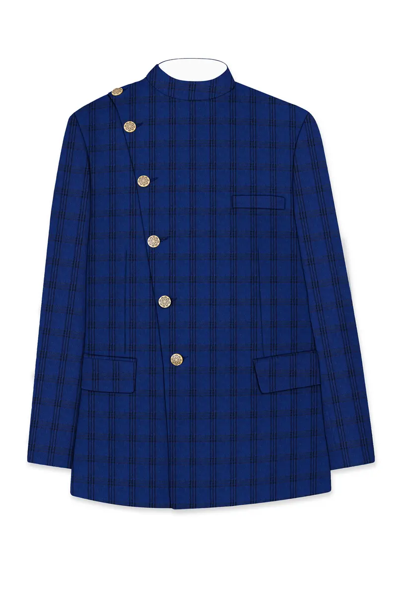 Cloud Burst Blue With Black Plaid Cross Placket Bandhgala Suit 7