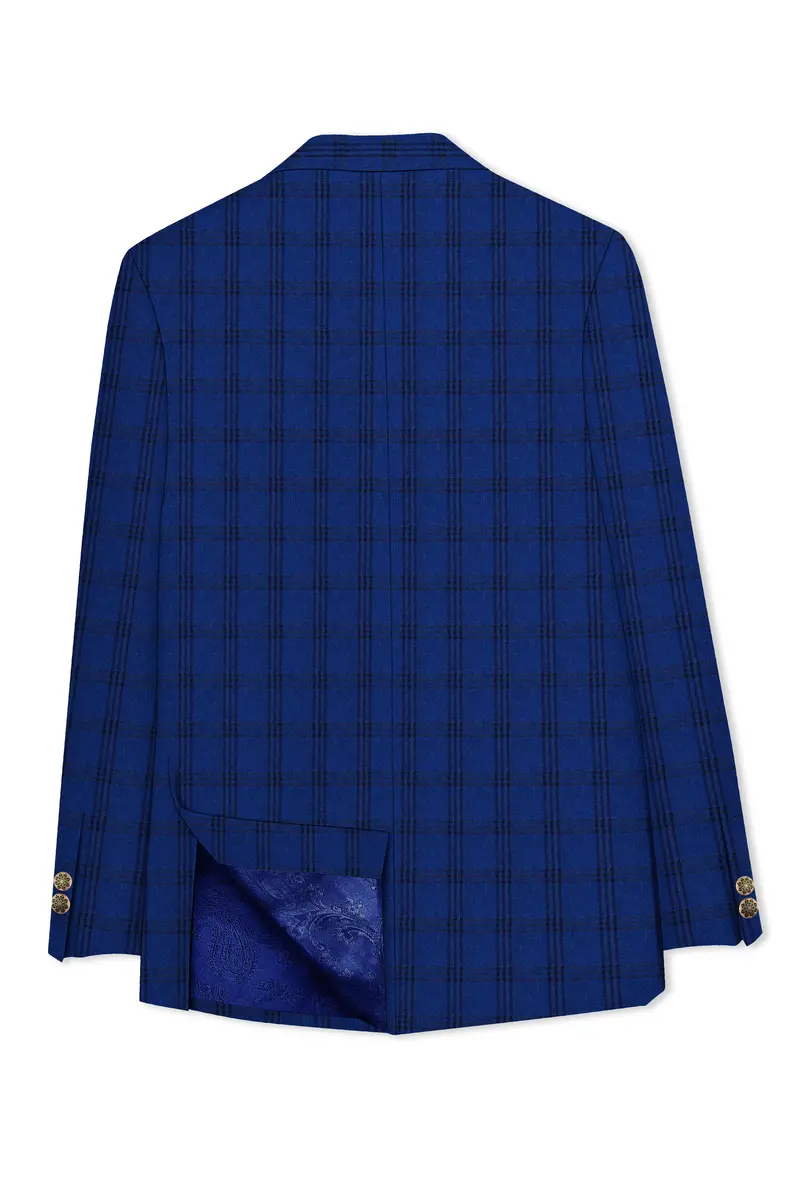 Cloud Burst Blue With Black Plaid Cross Placket Bandhgala Suit 8