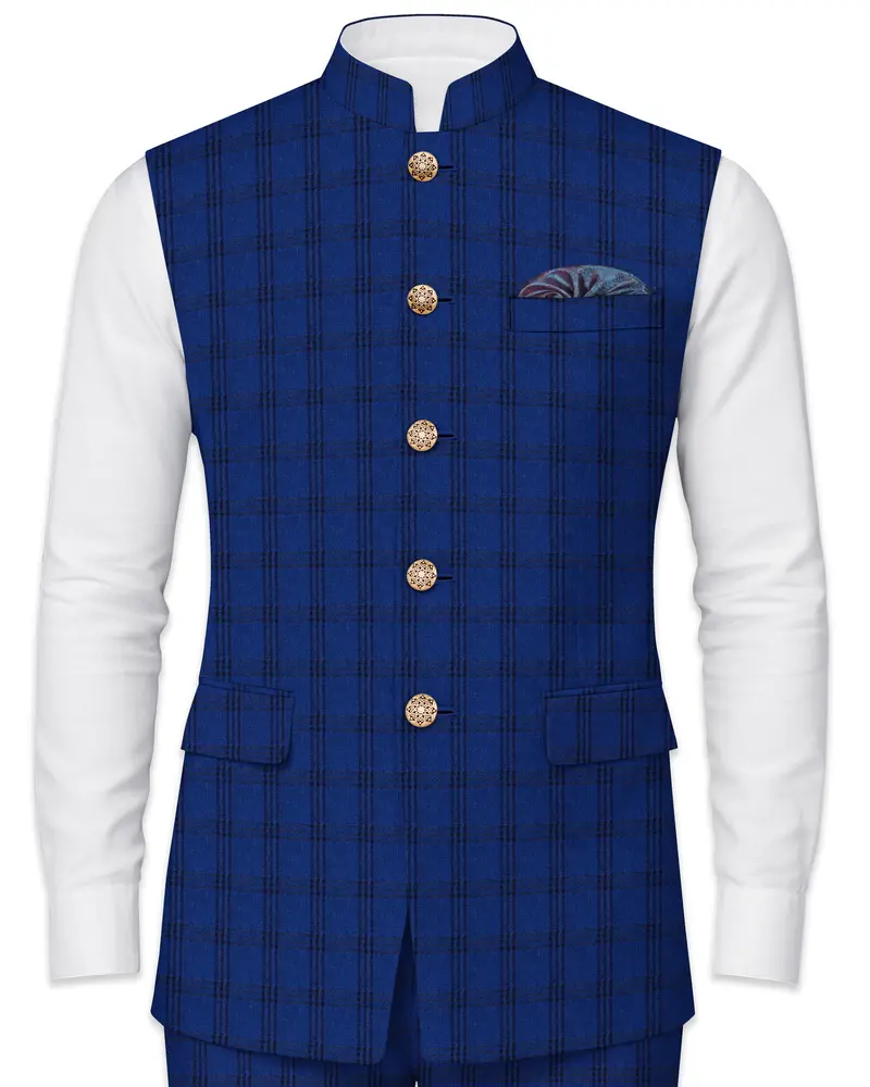 Cloud Burst Blue With Black Plaid Nehru Jacket 1