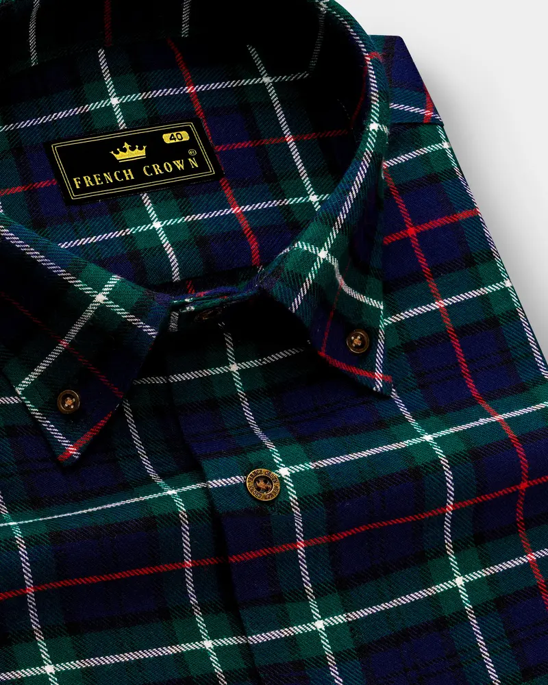 Cloud Burst Blue With Dartmouth Green Plaid Flannel Shirt 1