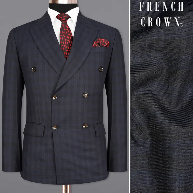 Cloud Burst Blue With Iridium Gray Plaid Double Breasted Blazer 1
