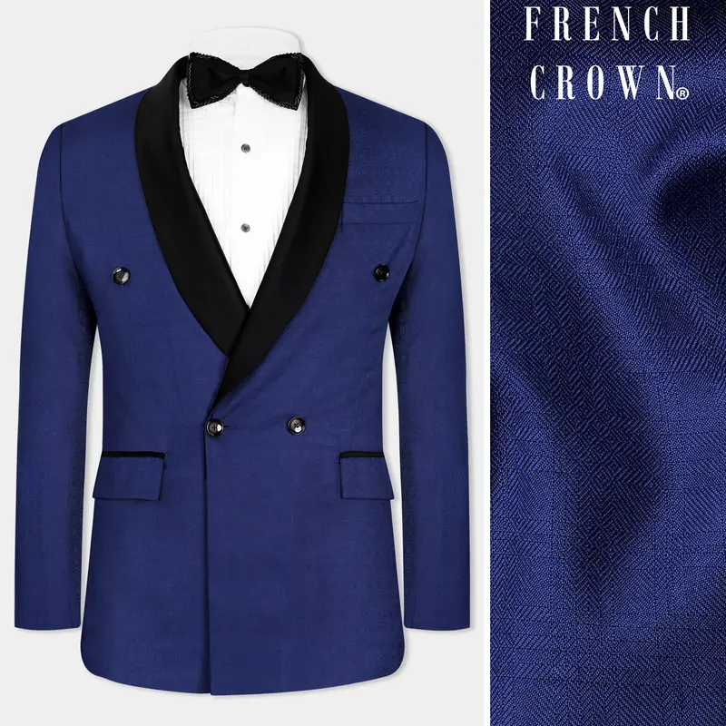 Cloud Burst Blue Wool Rich Double Breasted Tuxedo Designer Blazer 1
