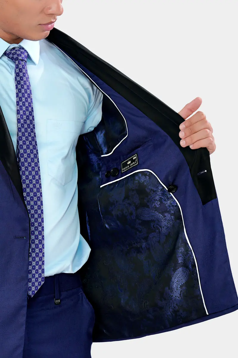 Cloud Burst Blue Wool Rich Double Breasted Tuxedo Designer Blazer 6