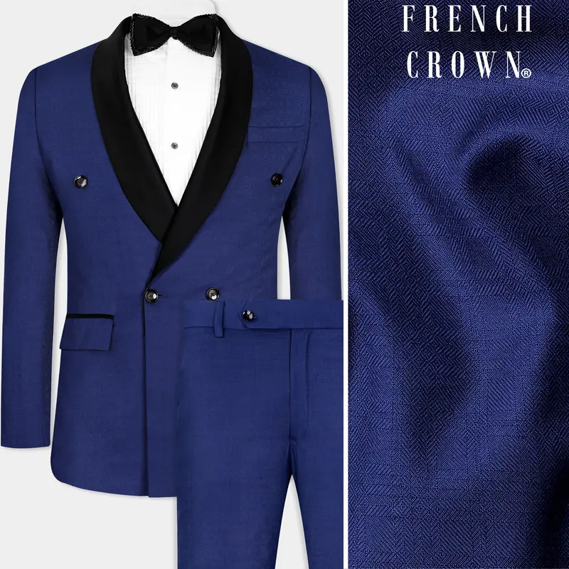 Cloud Burst Blue Wool Rich Double Breasted Tuxedo Designer Suit 1