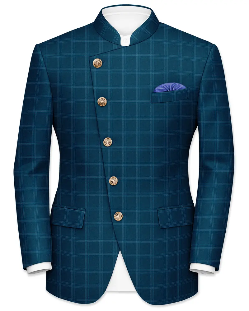 Cloud Burst Sea Green Windowpane Cross Placket Bandhgala Blazer 1