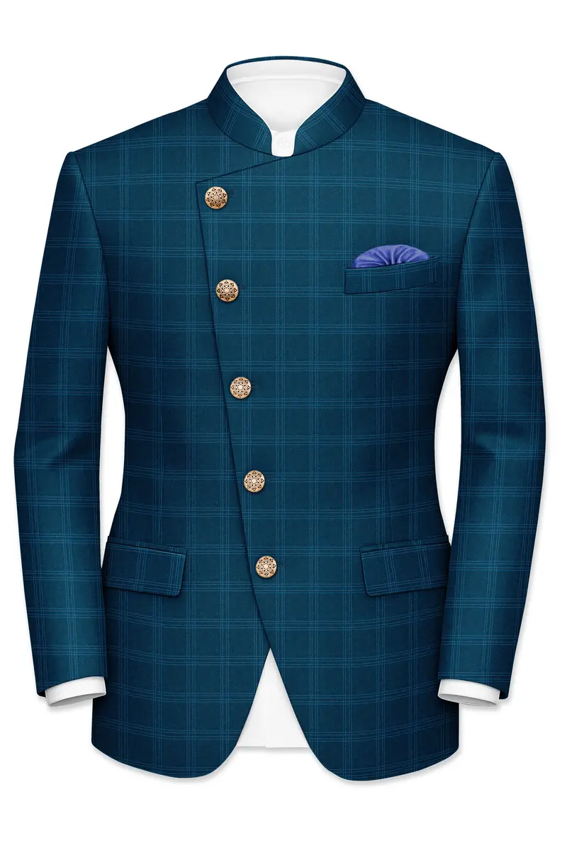 Cloud Burst Sea Green Windowpane Cross Placket Bandhgala Blazer 2