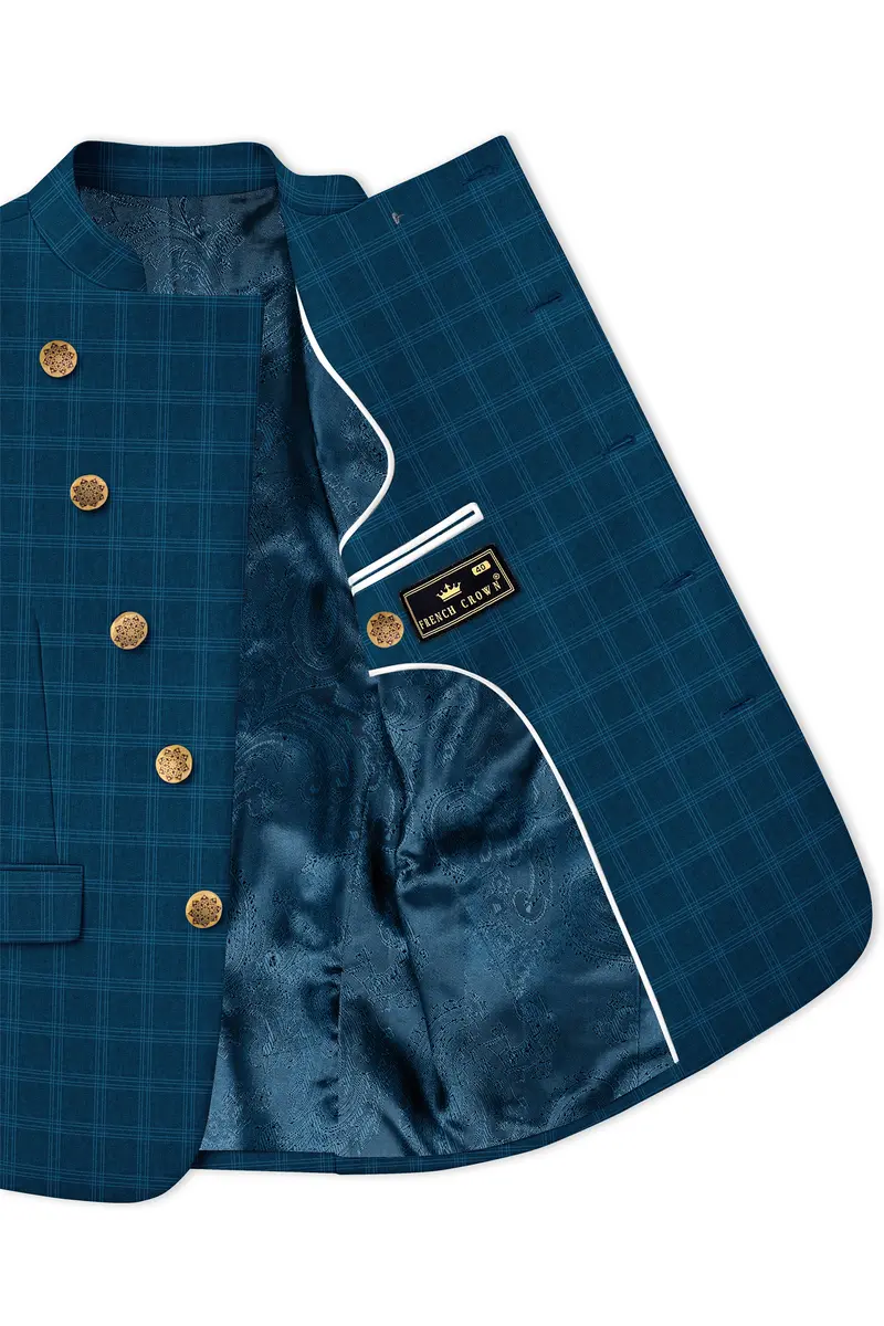 Cloud Burst Sea Green Windowpane Cross Placket Bandhgala Blazer 4