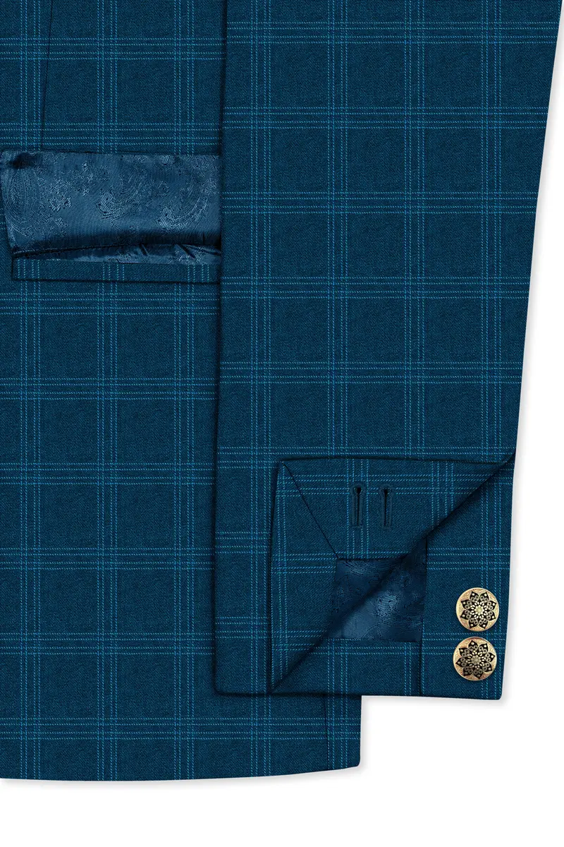 Cloud Burst Sea Green Windowpane Cross Placket Bandhgala Blazer 5