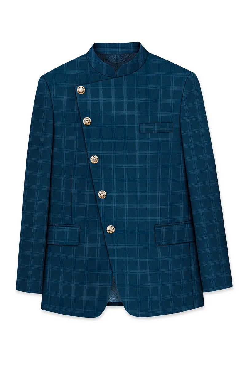 Cloud Burst Sea Green Windowpane Cross Placket Bandhgala Blazer 6