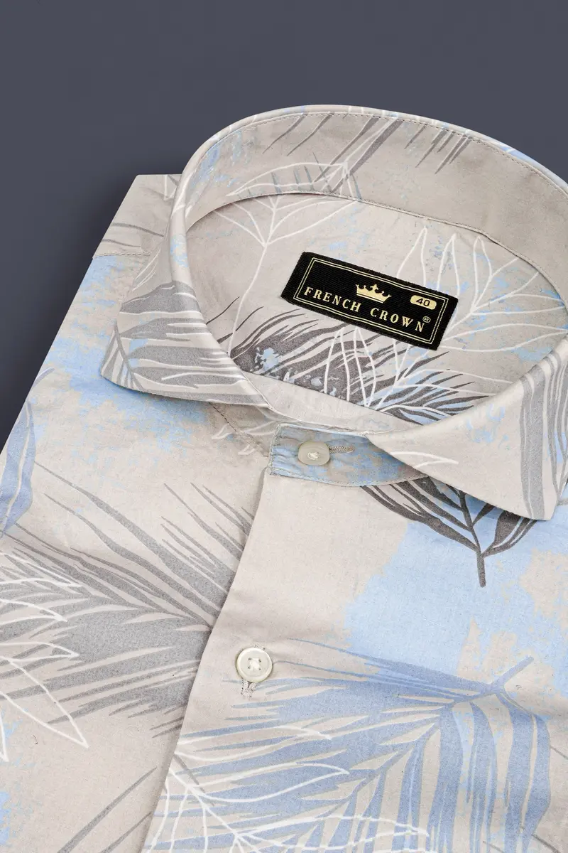Cloud Cream With Botticelli Blue Tropical Printed Premium Giza Cotton Shirt 1