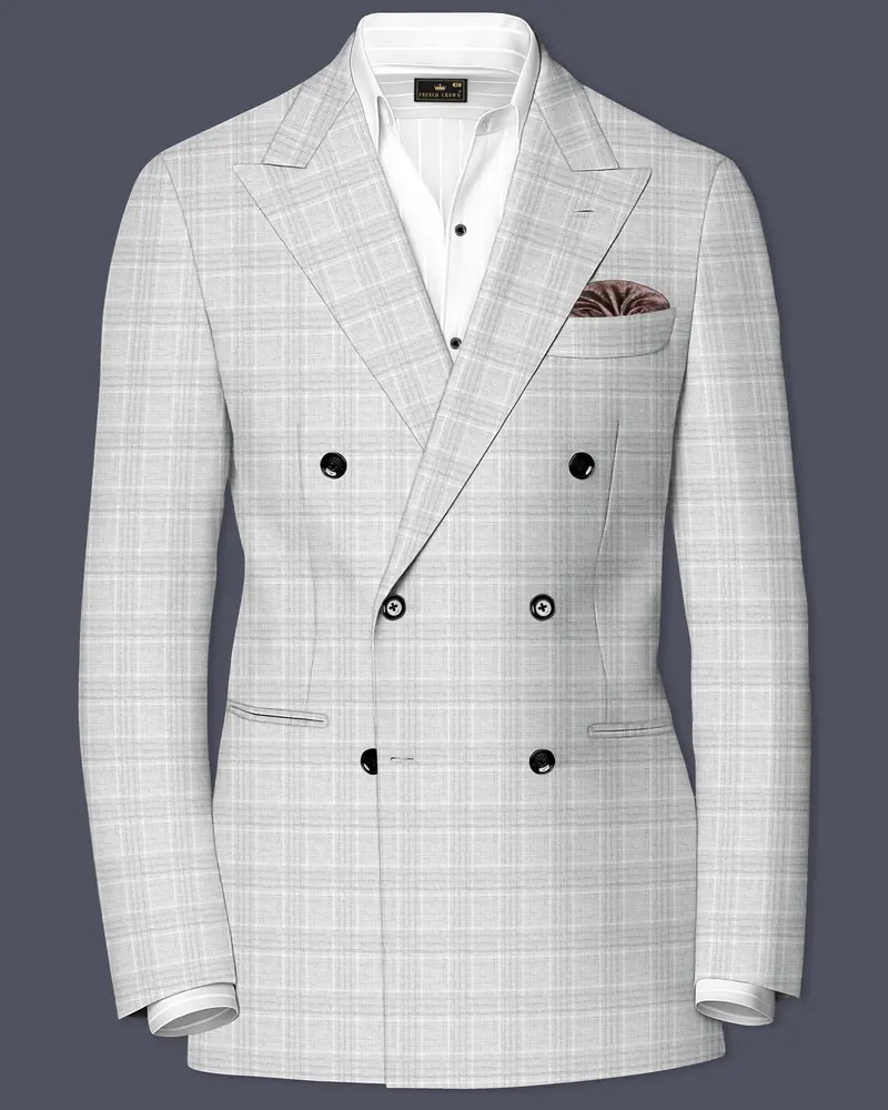 Cloud Gray Plaid Wool Rich Double Breasted Blazer 1