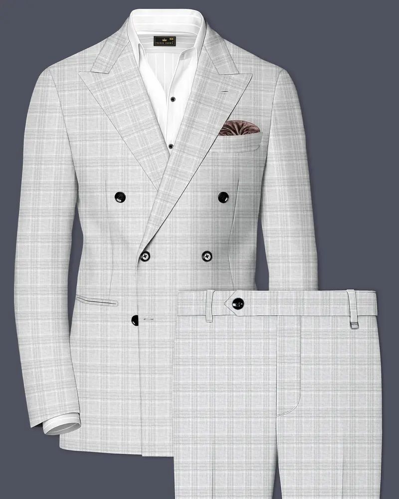 Cloud Gray Plaid Wool Rich Double Breasted Suit 1