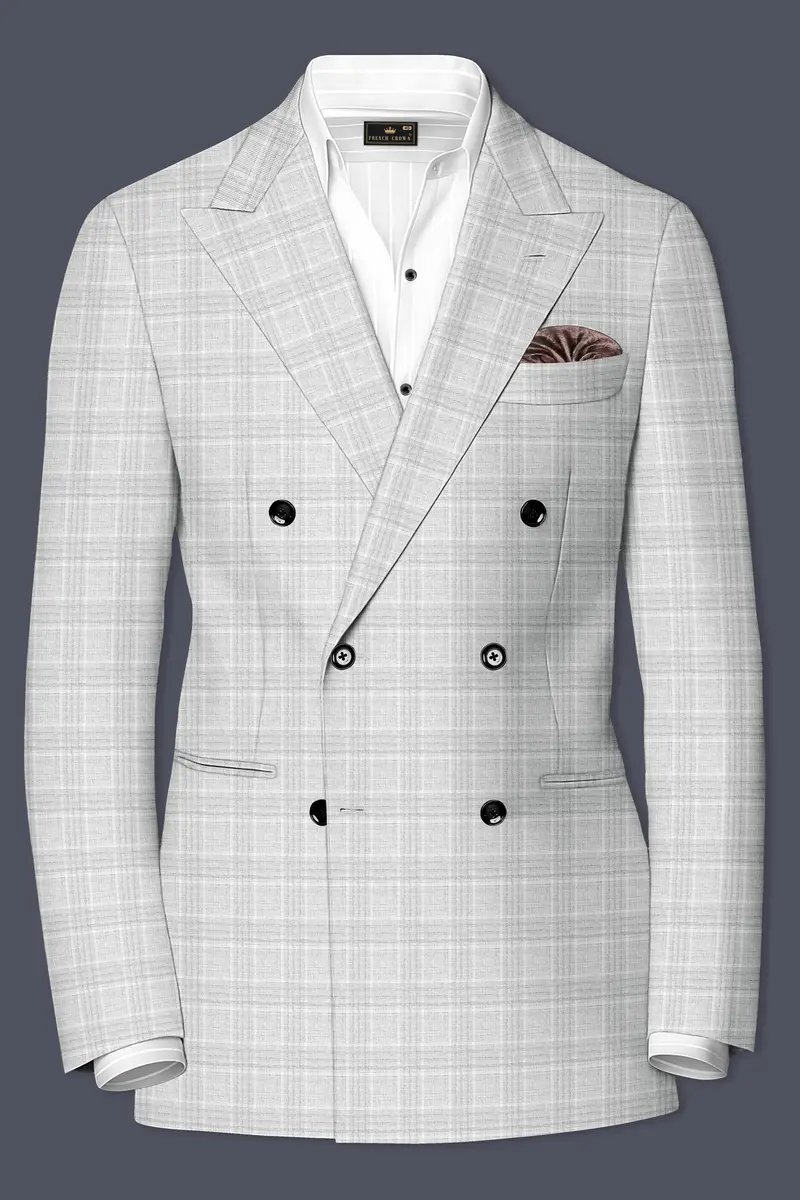 Cloud Gray Plaid Wool Rich Double Breasted Suit 10