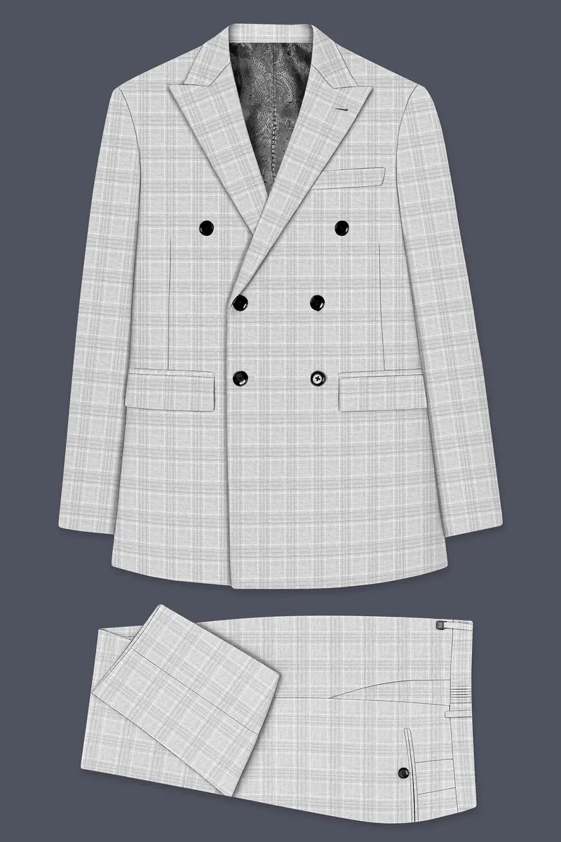 Cloud Gray Plaid Wool Rich Double Breasted Suit 11