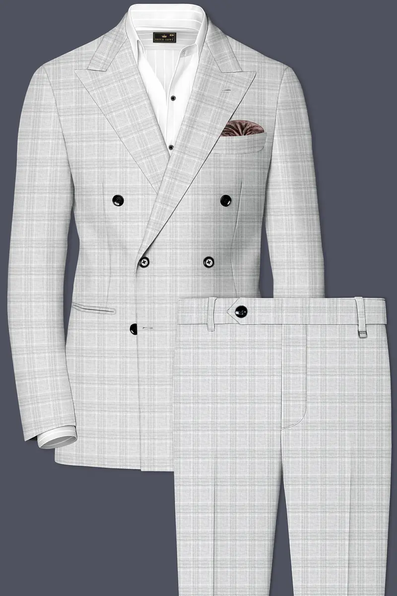 Cloud Gray Plaid Wool Rich Double Breasted Suit 2