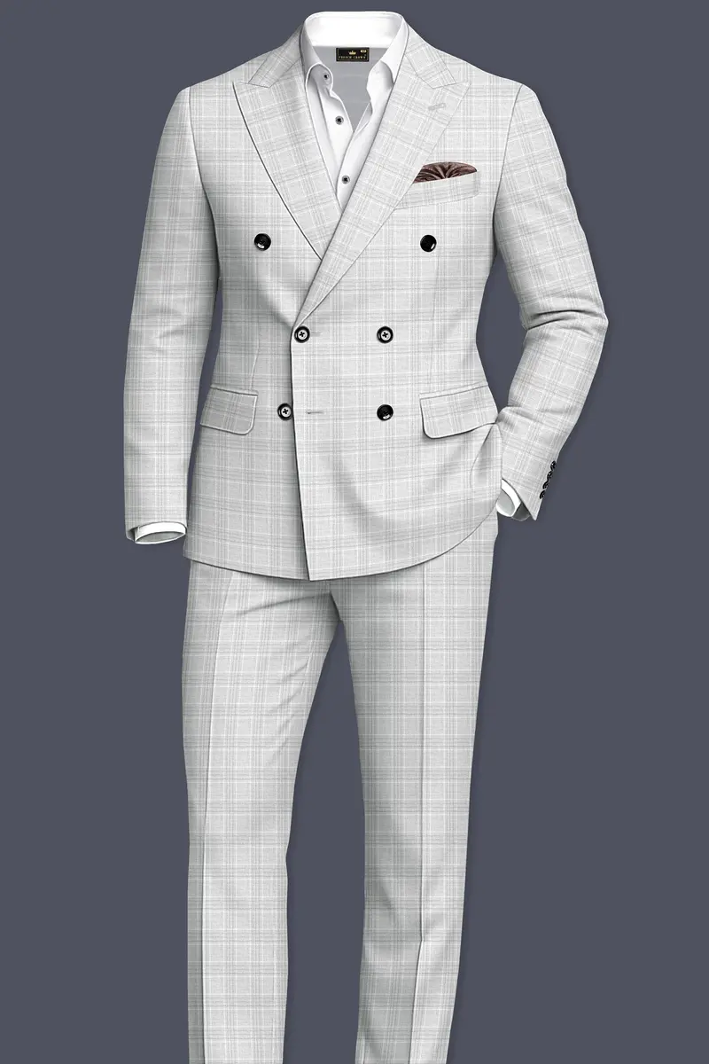 Cloud Gray Plaid Wool Rich Double Breasted Suit 4