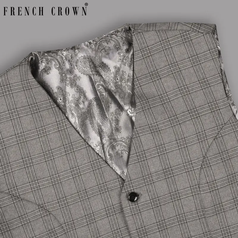 Cloudy Grey Tonal Checked Wool Blend Waistcoat 1