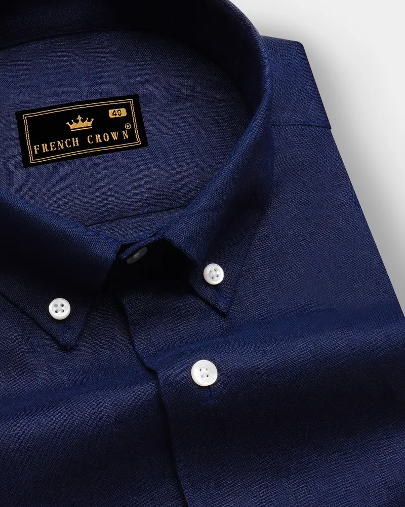 Coastal Charm-Azure Blue Solid Luxurious Linen Dress Shirt 1