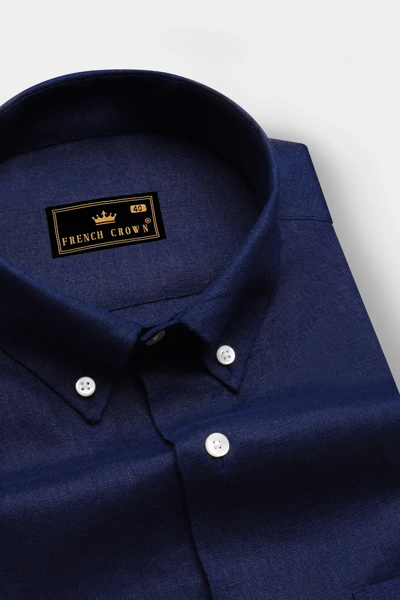 Coastal Charm-Azure Blue Solid Luxurious Linen Dress Shirt 2