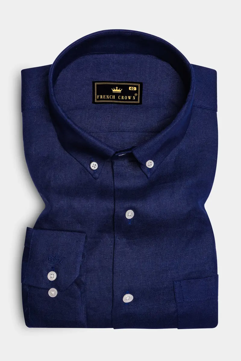 Coastal Charm-Azure Blue Solid Luxurious Linen Dress Shirt 4