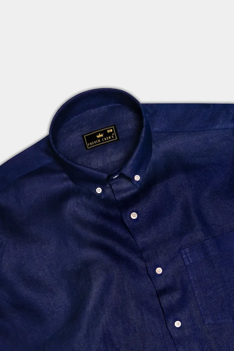 Coastal Charm-Azure Blue Solid Luxurious Linen Dress Shirt 5
