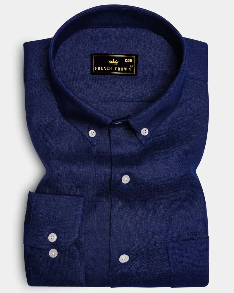 Coastal Charm-Azure Blue Solid Luxurious Linen Dress Shirt 6