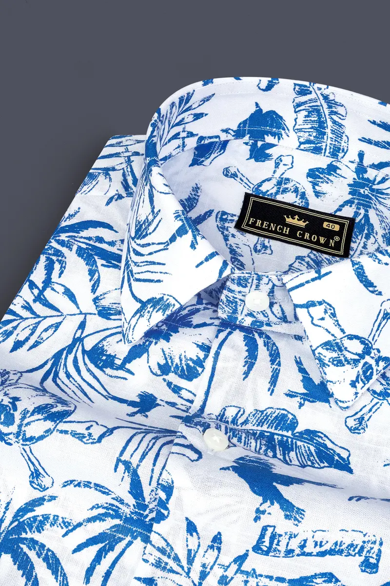 Cobalt Blue And Bright White Coconut Tree Printed Luxurious Linen Shirt 1