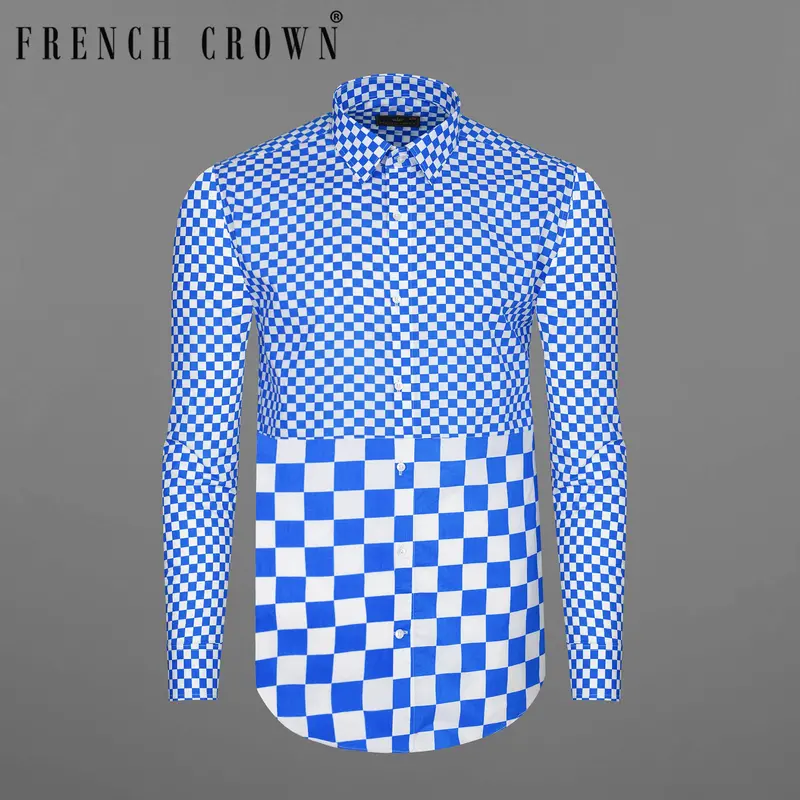 Cobalt Blue And White Half Checked Premium Cotton Designer Shirt 1