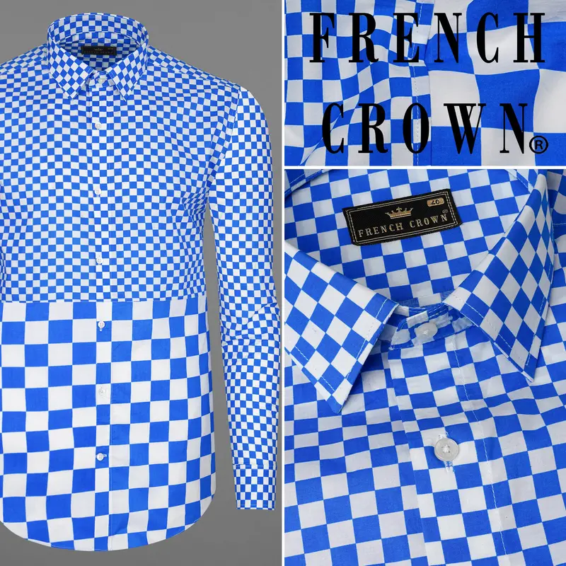 Cobalt Blue And White Half Checked Premium Cotton Designer Shirt 10