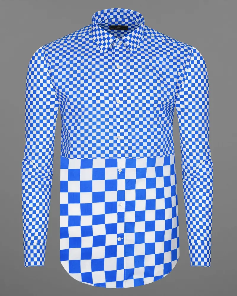Cobalt Blue And White Half Checked Premium Cotton Designer Shirt 2