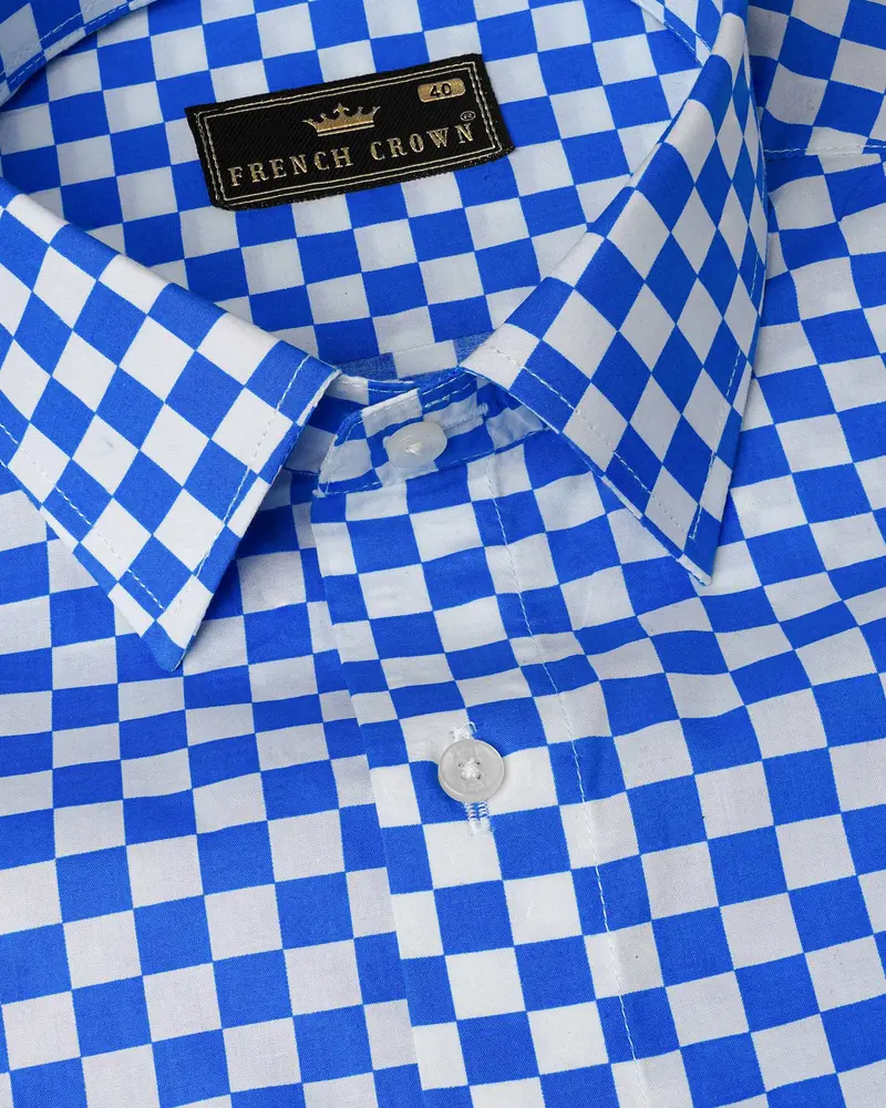 Cobalt Blue And White Half Checked Premium Cotton Designer Shirt 4