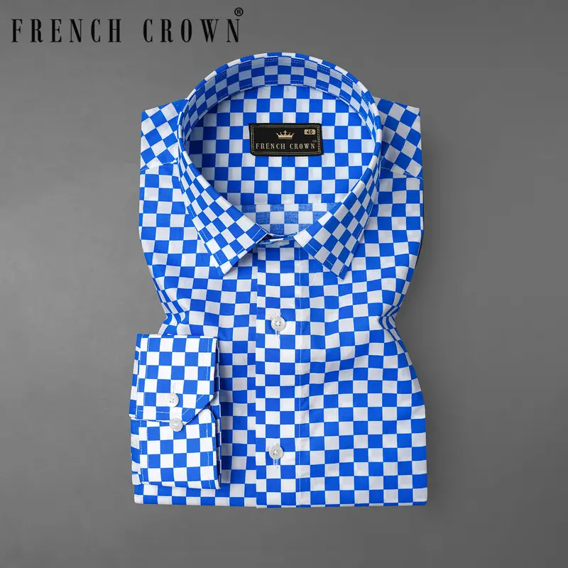 Cobalt Blue And White Half Checked Premium Cotton Designer Shirt 7