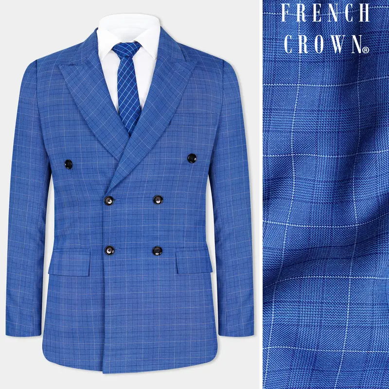 Cobalt Blue Checkered Wool Rich Double Breasted Blazer 1