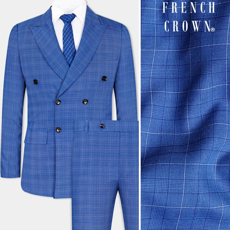 Cobalt Blue Checkered Wool Rich Double Breasted Suit 1