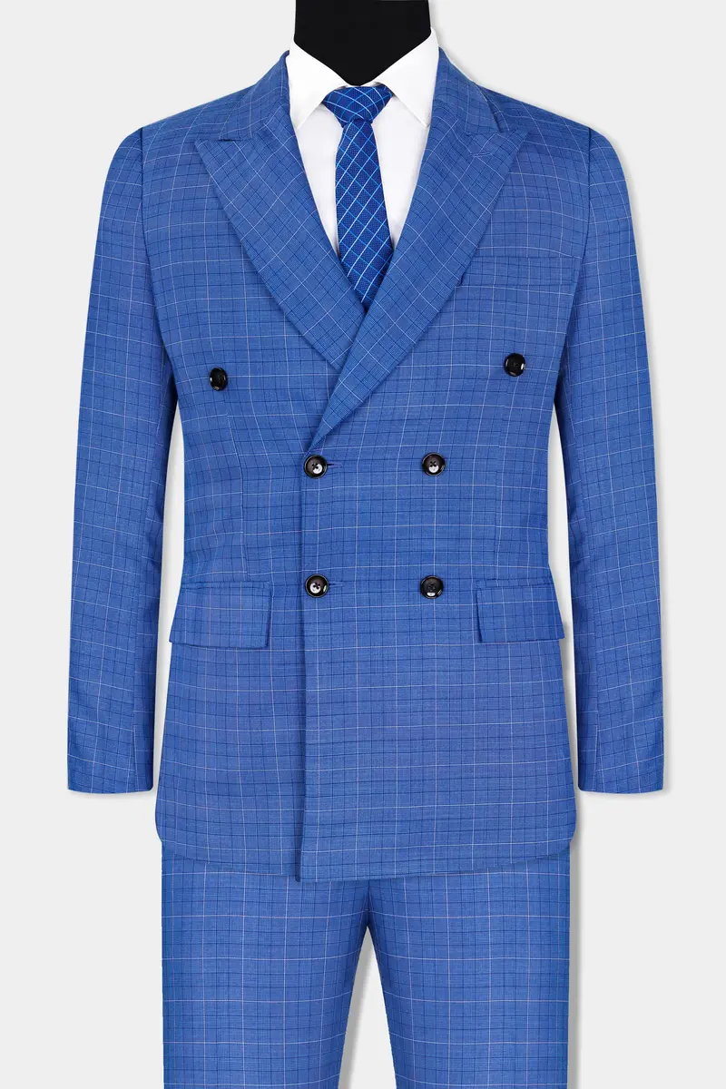Cobalt Blue Checkered Wool Rich Double Breasted Suit 10