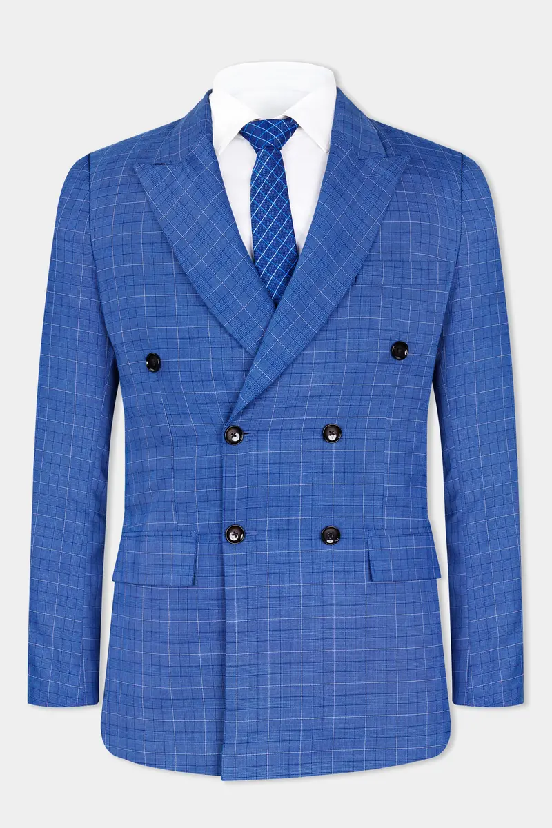Cobalt Blue Checkered Wool Rich Double Breasted Suit 11