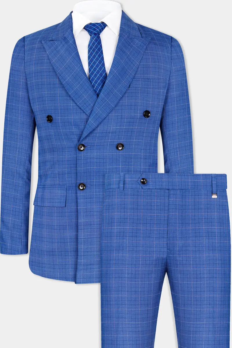 Cobalt Blue Checkered Wool Rich Double Breasted Suit 2