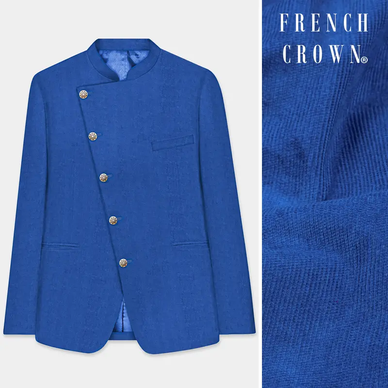 Cobalt Blue Cross Placket Bandhgala Corduroy Premium Cotton Designer Blazer 1