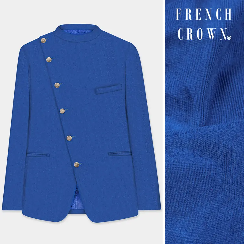 Cobalt Blue Cross Placket Bandhgala/Mandarin Corduroy Premium Cotton Designer Blazer 1