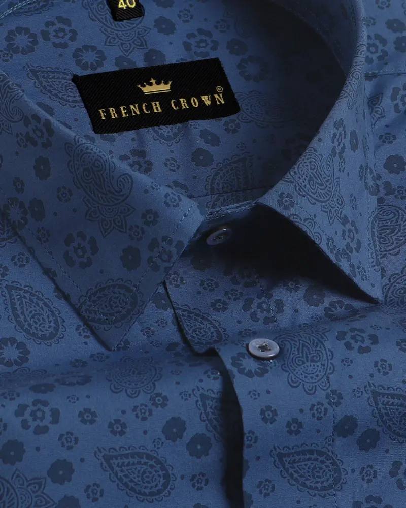 Cobalt Blue Paisleys Printed Premium Cotton Shirt 1