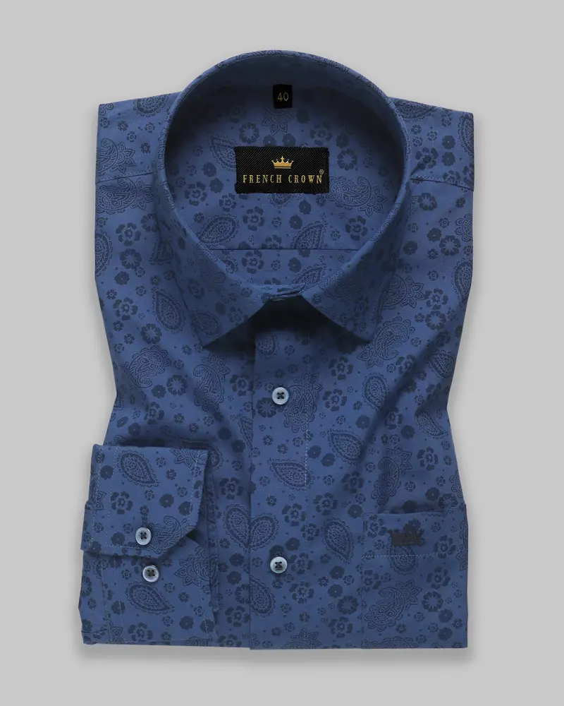 Cobalt Blue Paisleys Printed Premium Cotton Shirt 3