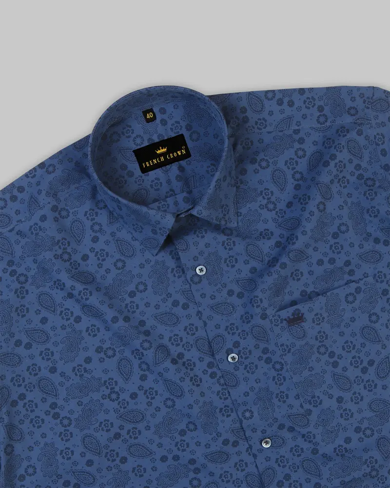 Cobalt Blue Paisleys Printed Premium Cotton Shirt 4