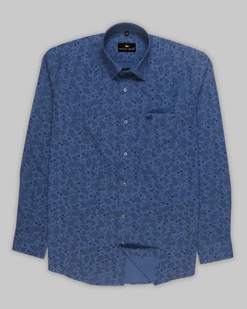 Cobalt Blue Paisleys Printed Premium Cotton Shirt 5