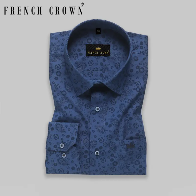 Cobalt Blue Paisleys Printed Premium Cotton Shirt 8