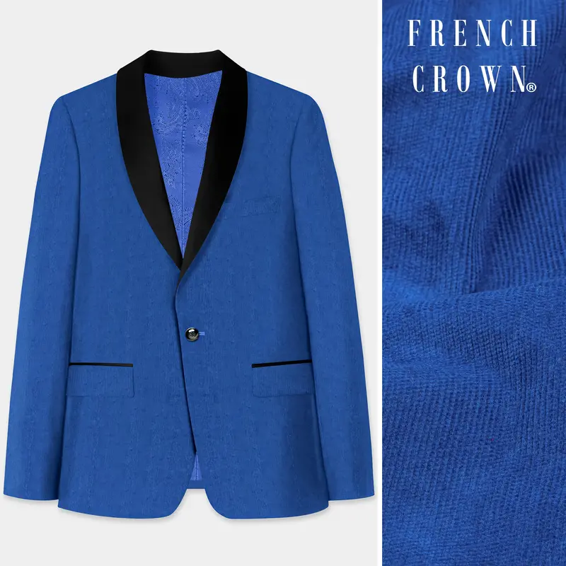 Cobalt Blue Textured Corduroy Premium Cotton Designer Tuxedo Blazer 1