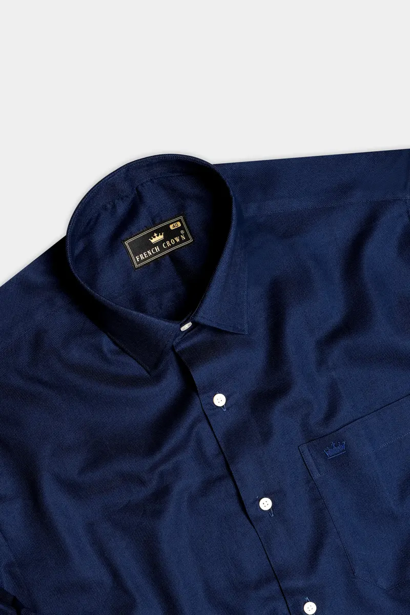 Cobalt Veil-Mirage Blue Solid Dobby Textured Premium Giza Cotton Dress Shirt 4