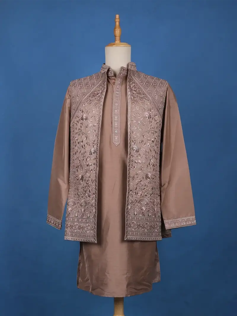 Cocoa Brown Floral Embroidered Brocade Kurta Pyjama 1